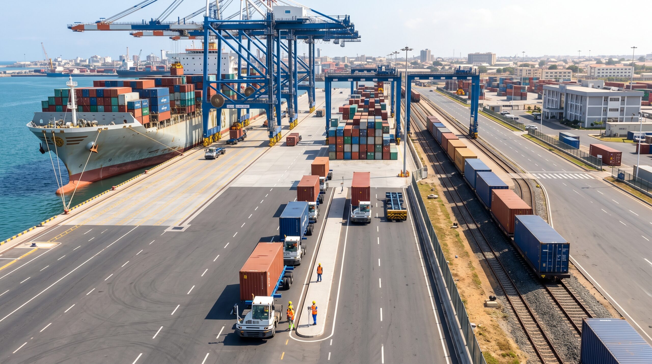 Modern port cranes load containers while trucks and a railway transport cargo efficiently.